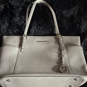 Michael Kors Gray Leather Tote Bag,some makeup marking inside of bag.